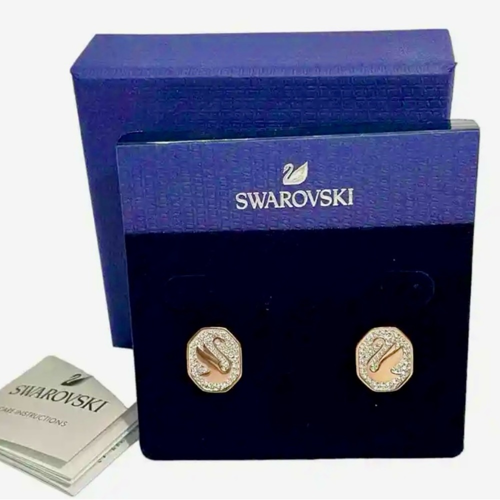 Swarovski Ladies Rose Gold Signum Swan Stud Earrings